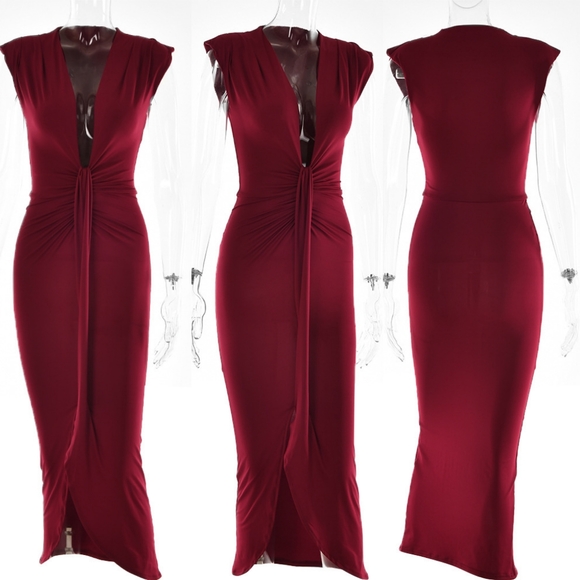 💎Burgundy Red Deep V-Neck Pleated Womens Bandage Dress💎 - Picture 2 of 2